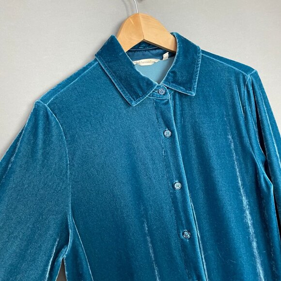 Soft Surroundings Velvet Top Blouse Button-Up Stretch Sz Medium Teal Long Sleeve - Picture 14 of 15